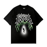 a black t - shirt with an image of a man in a green t - shirt