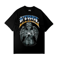 a black t - shirt with an angel on it